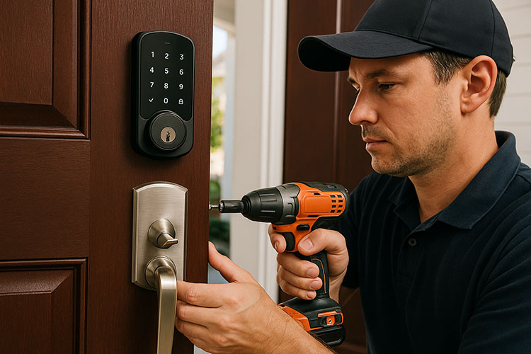 Residential locksmith installing a modern smart lock for better security.