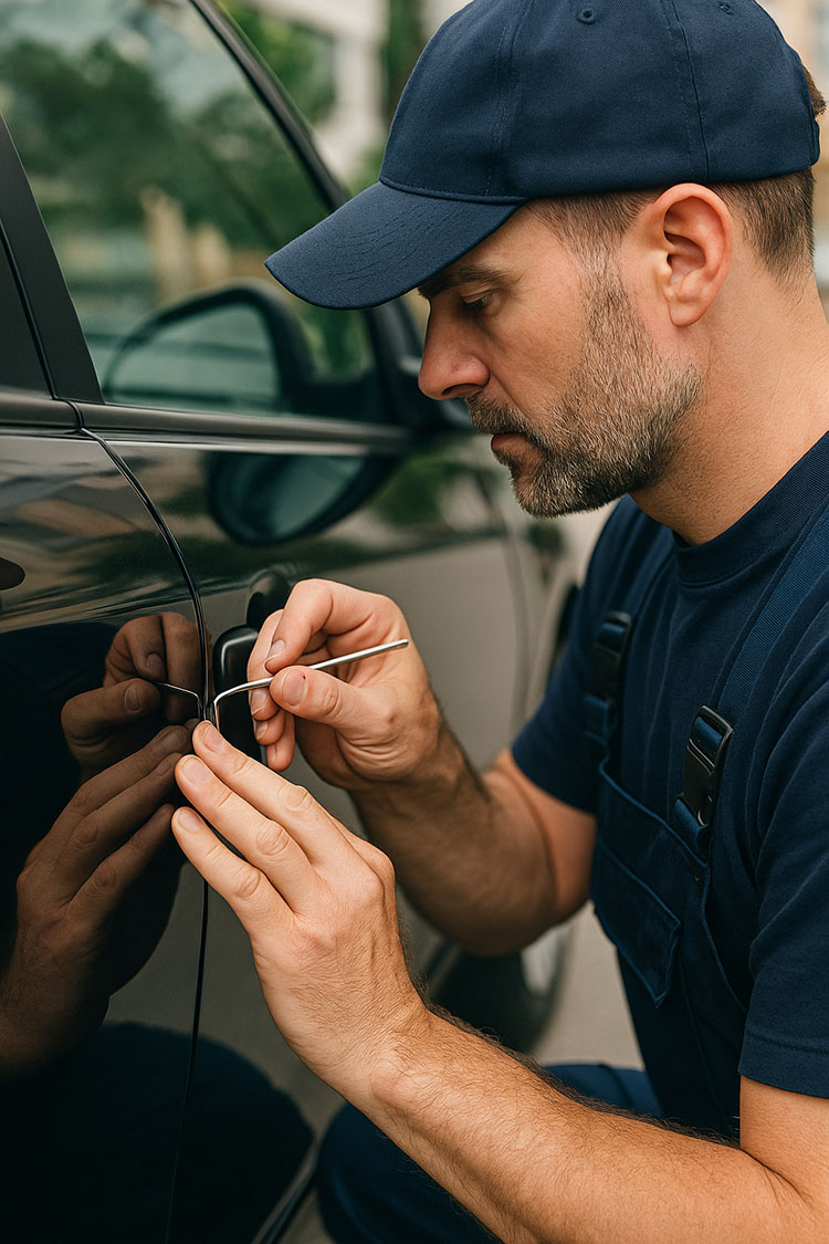 Professional locksmith unlocking a car door during a car lockout service.